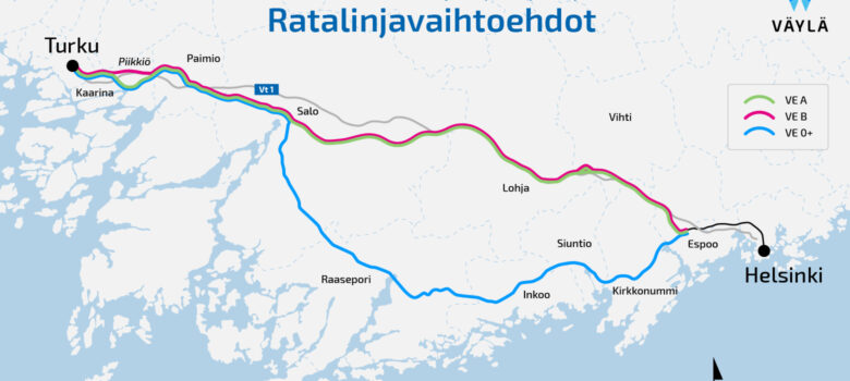 Helsinki-Turku nopean junayhteyden eri ratalinjavaihtoehdot kartta