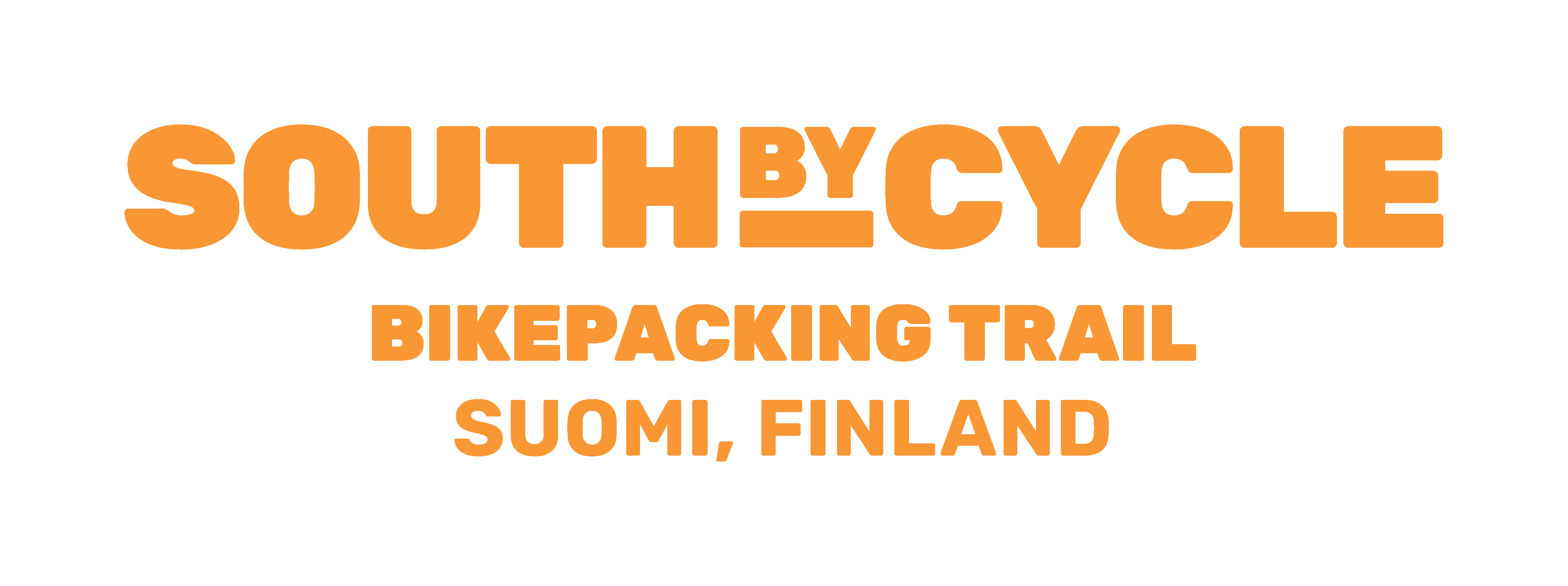 Oranssi South by Cycle -logo, alla slogan Bikepacking Trail Suomi Finland