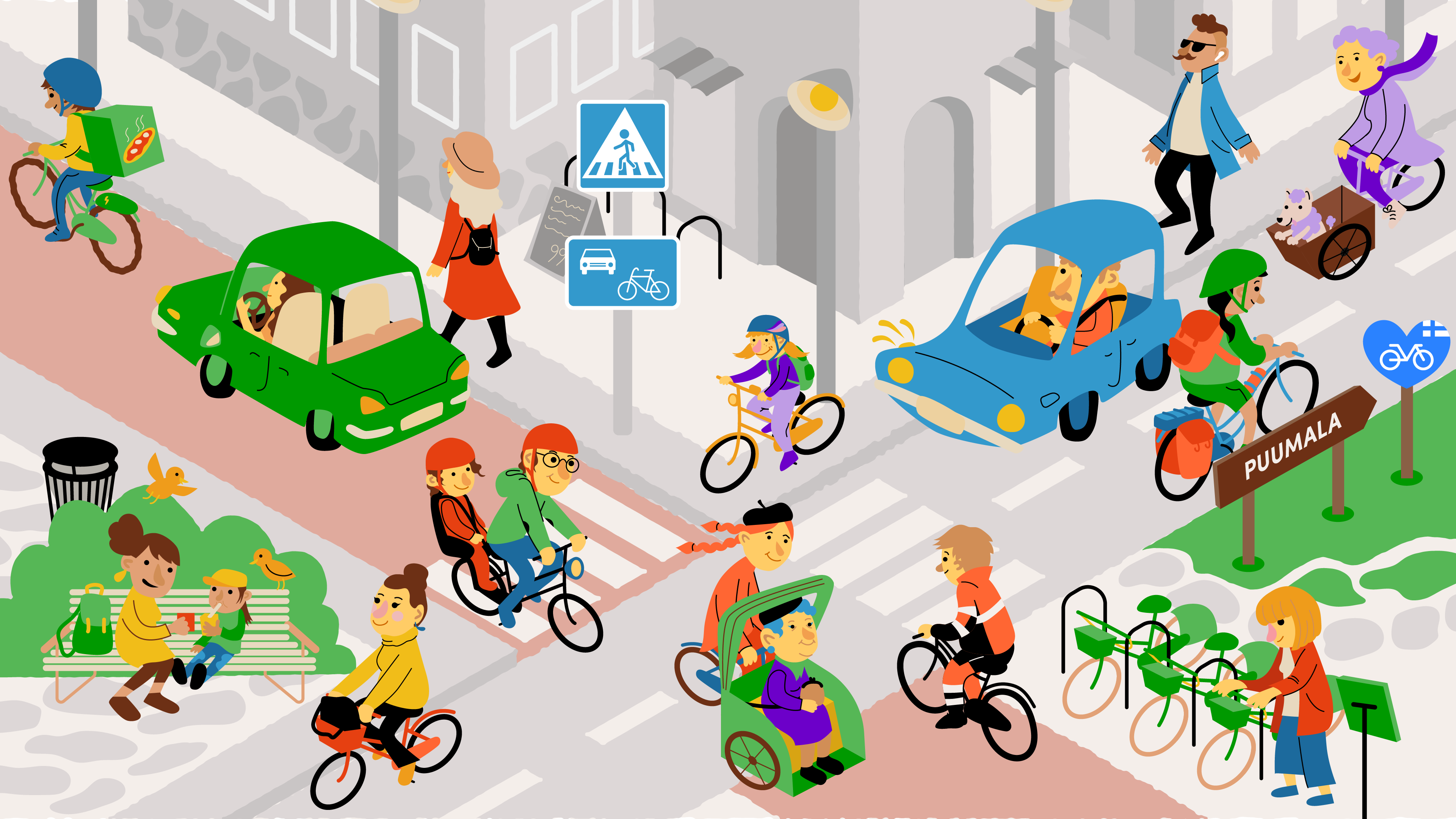 Piirroskuva risteyksestä, jossa tiellä liikkuu paljon pyöräilijöitä