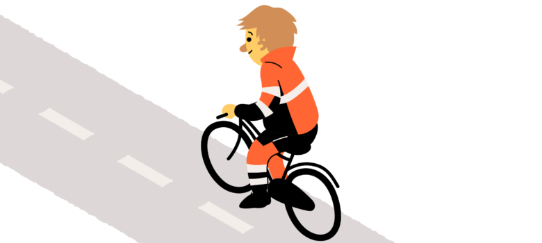 Piirroskuva pyöräilijästä, joka on pukeutunut oransseihin työvaatteisiin