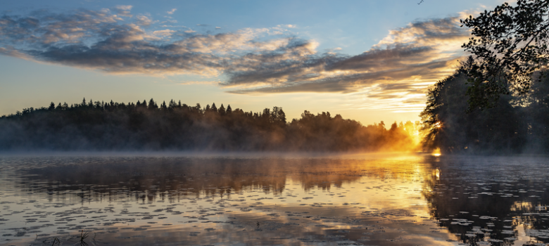 Auringonnousu tai -lasku usvaisella järvellä, metsäiset saaret horisontissa ja kuvan oikeassa laidassa